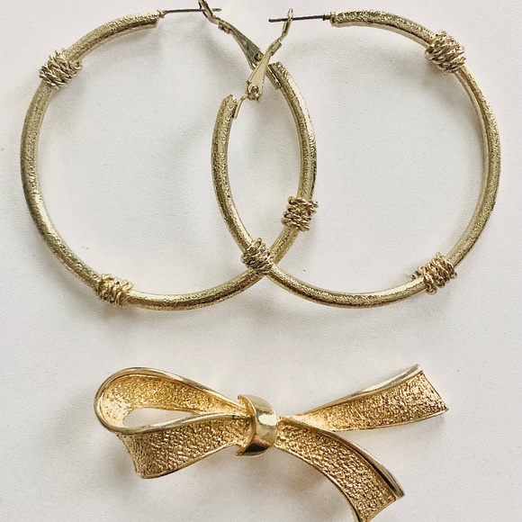 Jewelry - Gold-Toned Textured Earrings and Bow-Tie Brooch